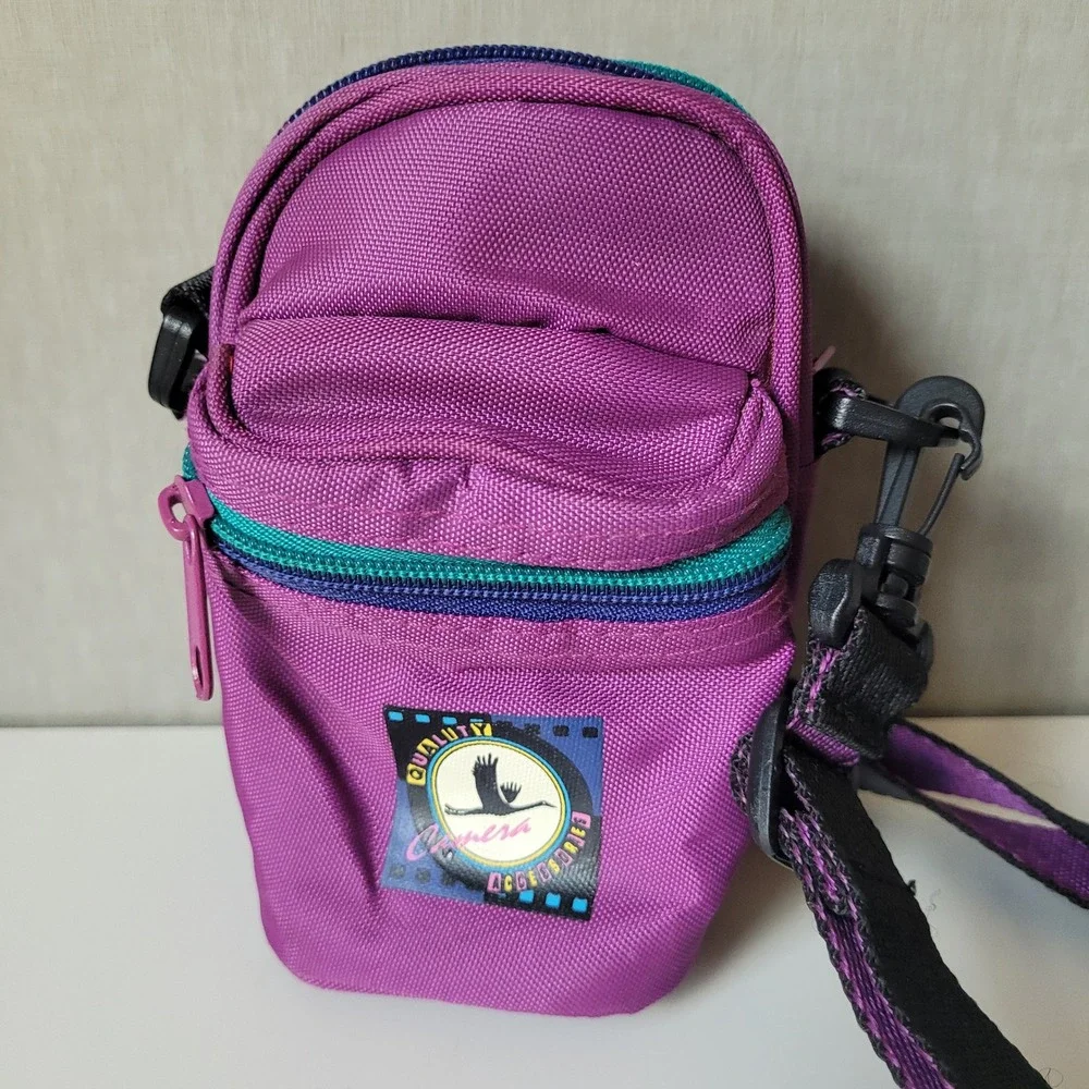 Vintage 90s Purple Compact Camera Bag Shoulder Strap Belt Loop Pouch MIni Case